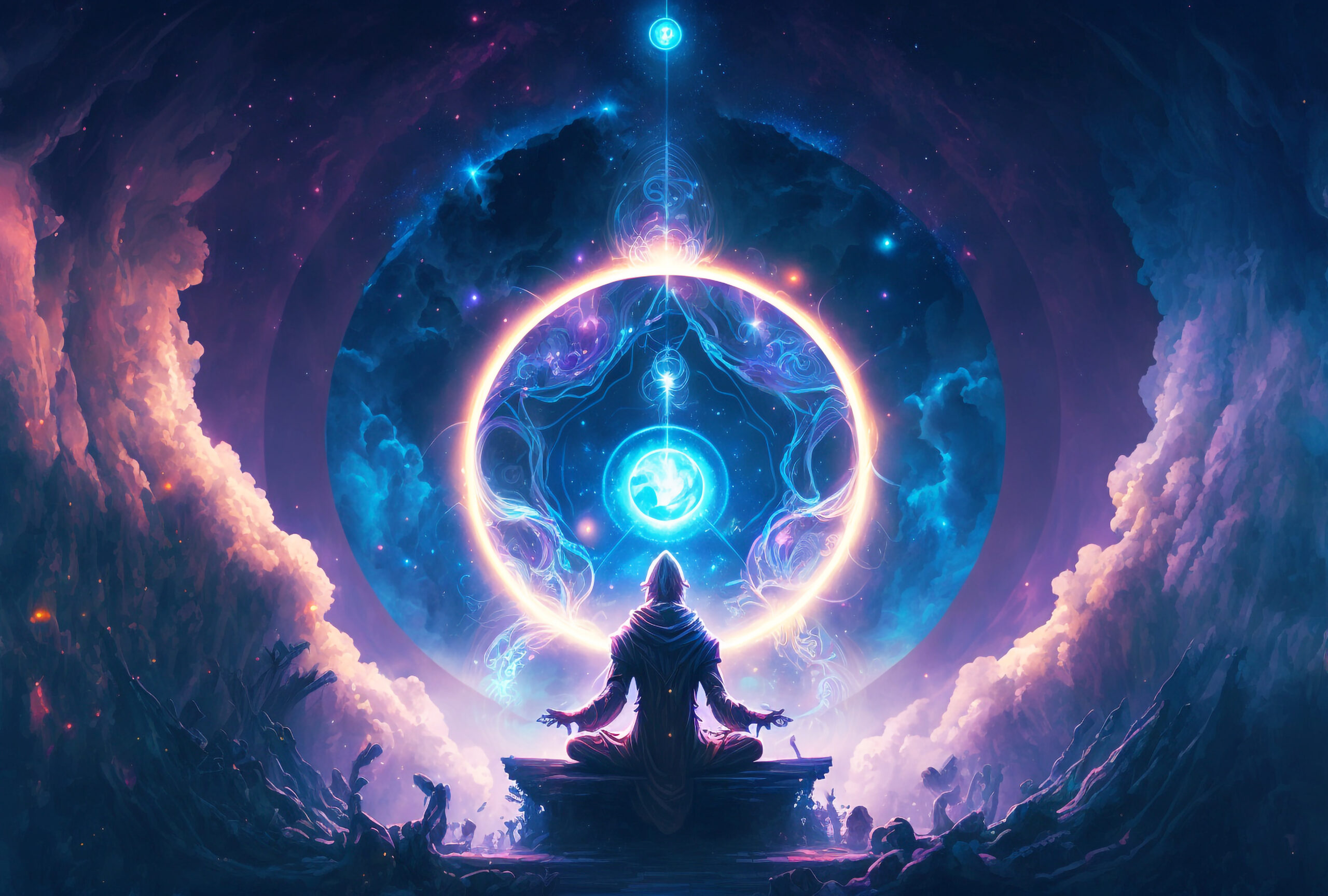 Spiritual Akashic Meditation Illustration, Mind and Body Mindfulness, Yoga Pose Well-Being, Generative AI