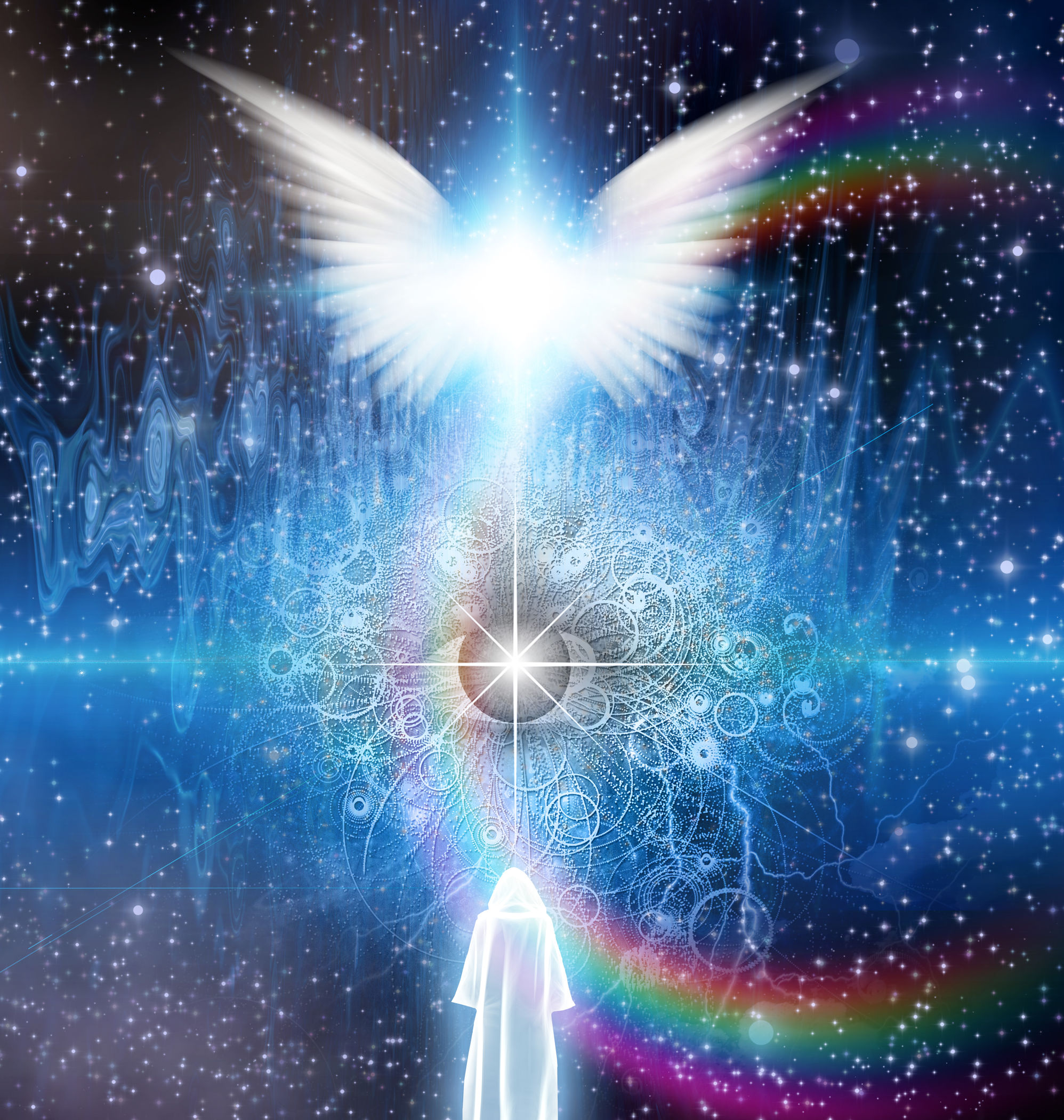 32456025 – spiritual sci fi scene with angel and cloaked figure